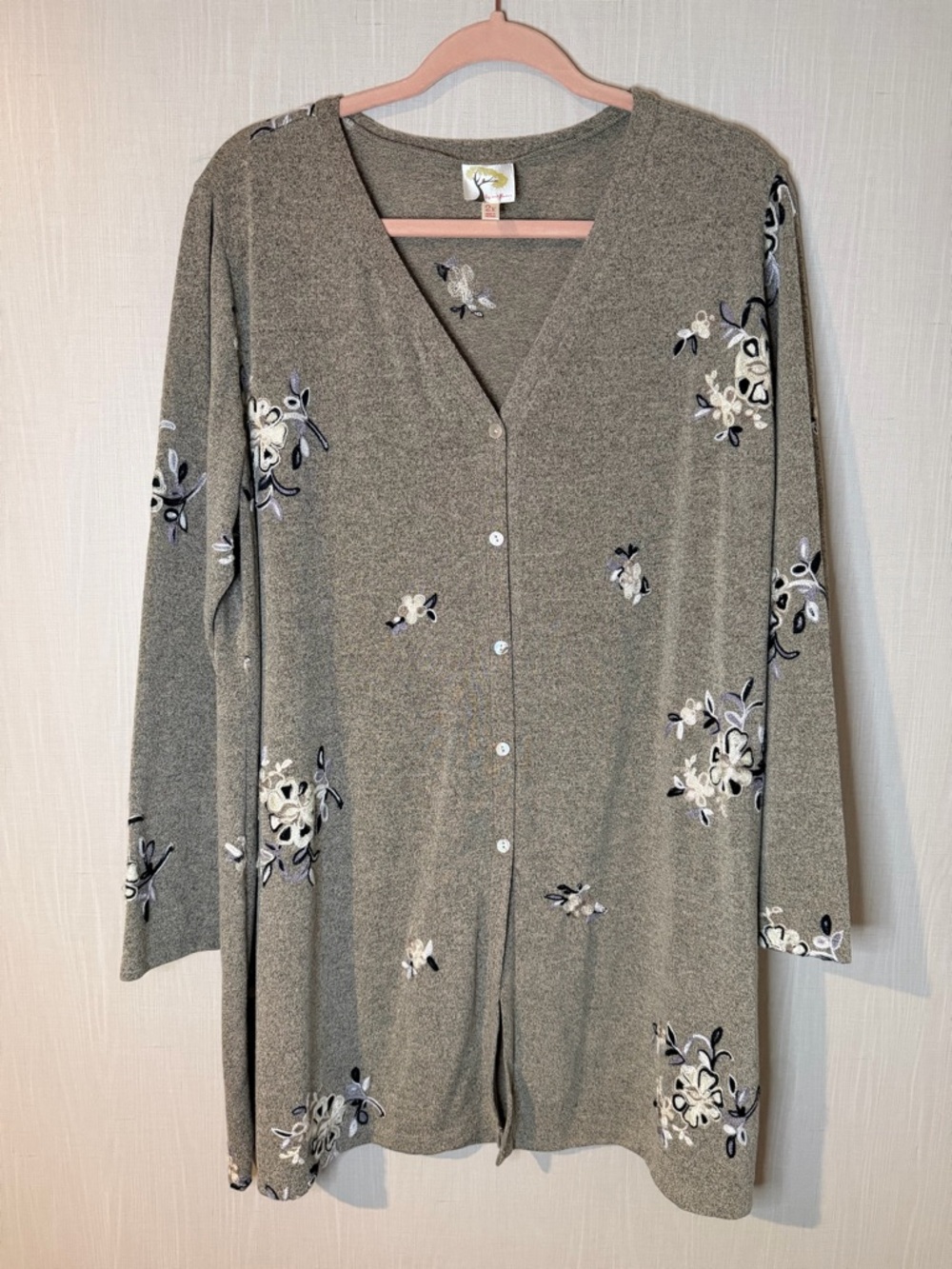 Anthropologie Fig & Flower Embroidered Floral Button Front Long Cardigan 2X